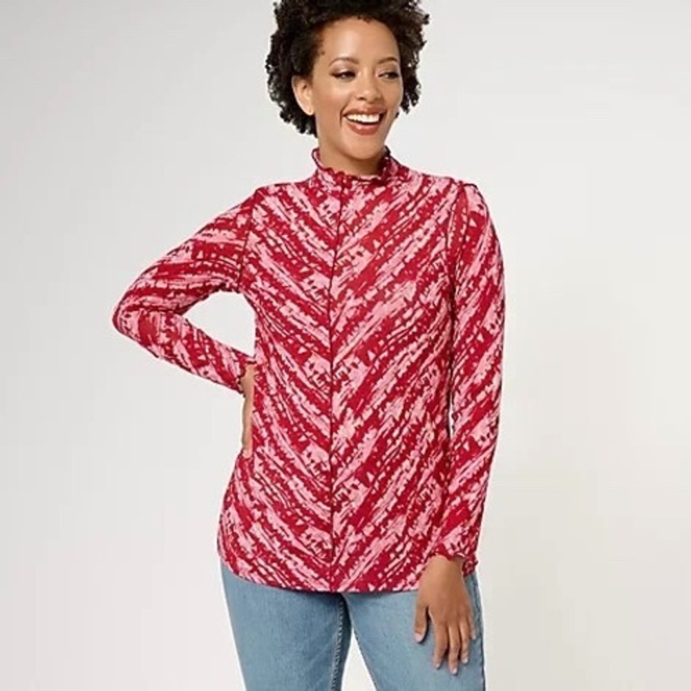 LOGO Layers by Lori Goldstein Red Pink Abstract Mesh Mock Neck Top Sz 3X Stretch